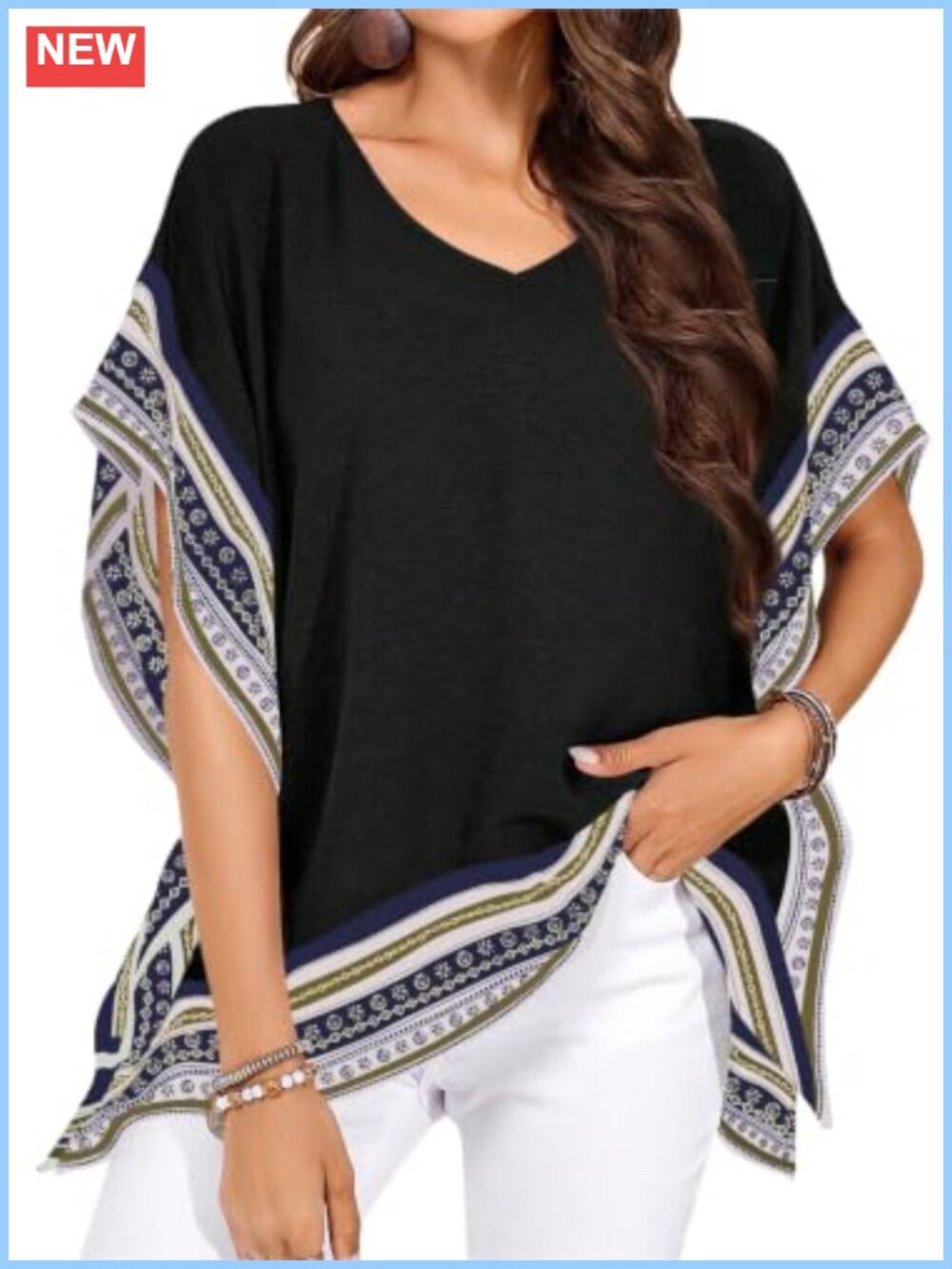 Women's Flowy Boho Batwing V-Neck Blouse Short Sleeve Oversized Pullover Top